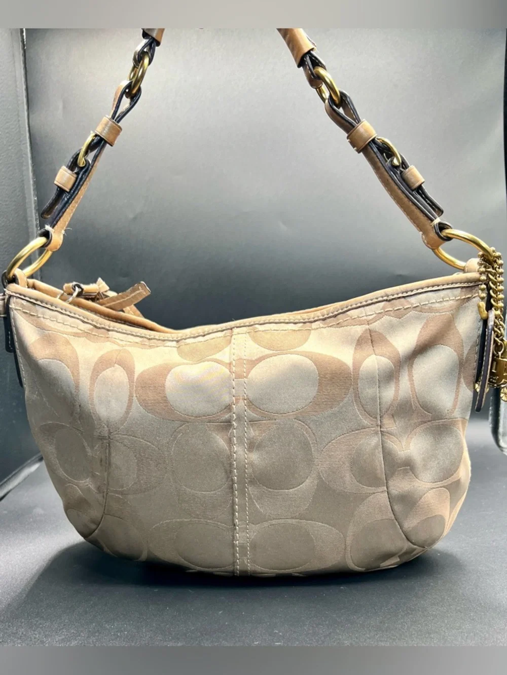 COACH Signature Tan Sateen Hobo Shoulder Bag with Metal Hang Tag